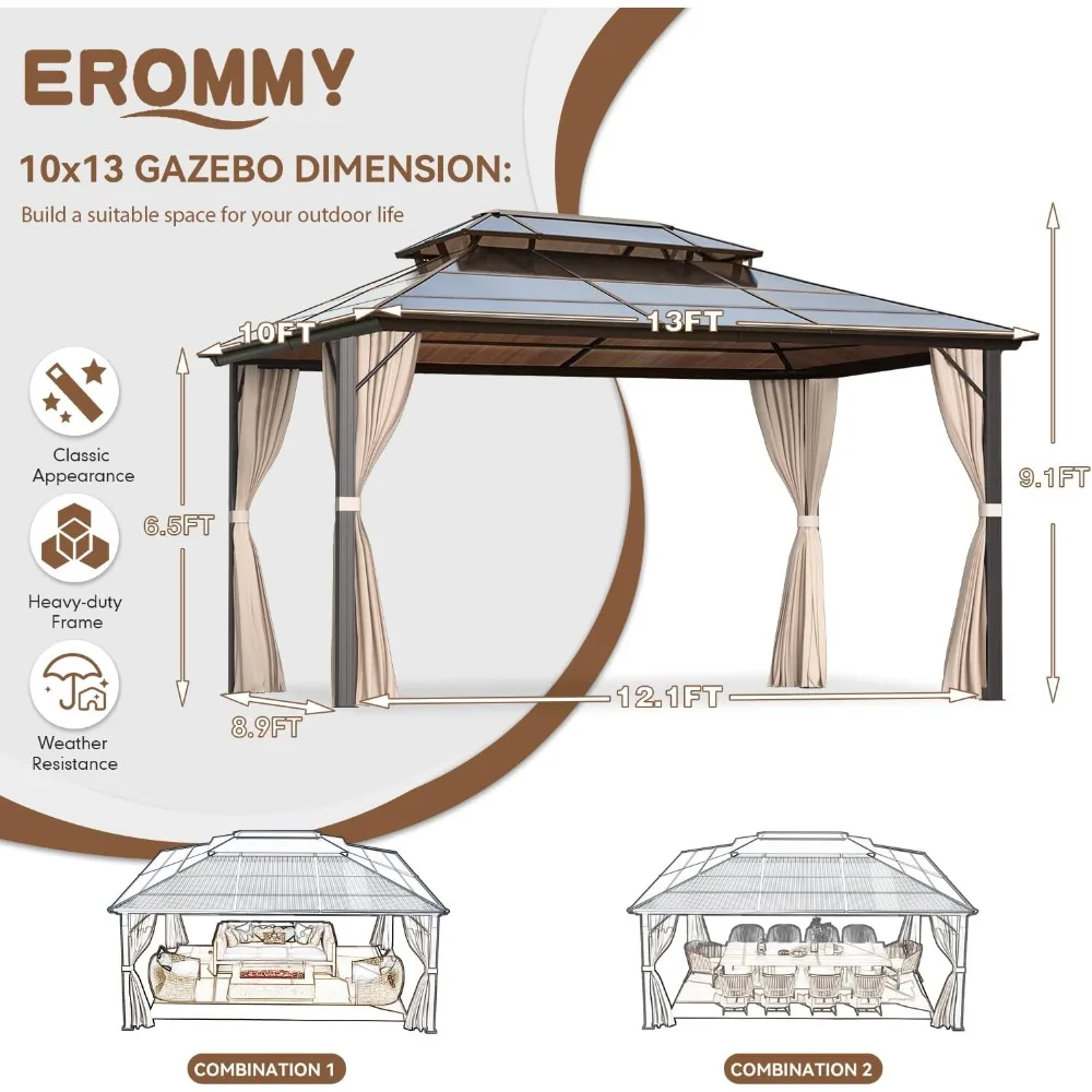 10' X 13' Gazebo Polycarbonate Double Roof Canopy Outdoor Aluminum Frame Pergola, Permanent Pavilion with Netting and Curtains