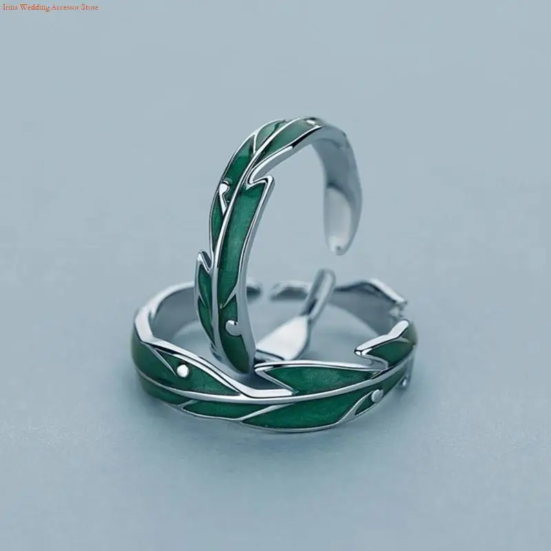 G92D 2Pieces Green Plantain Open Rings for Women Men Gifts Vintage Leaves Finger Ring Silver Fashion Party Jewelry Gifts