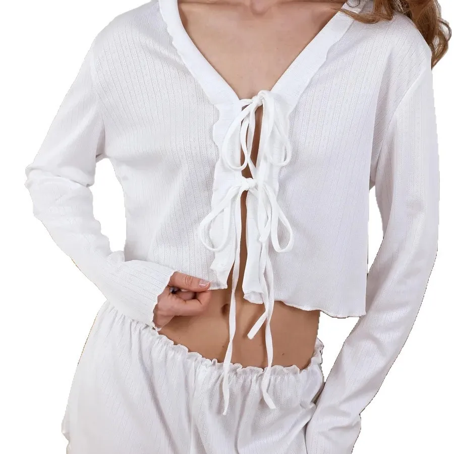 Summer Women Pajama Crop Neck Sleepwear Set Elastic Waist Shorts Loungewear Set Round Neck Long Sleeve Solid White Pajamas view 3