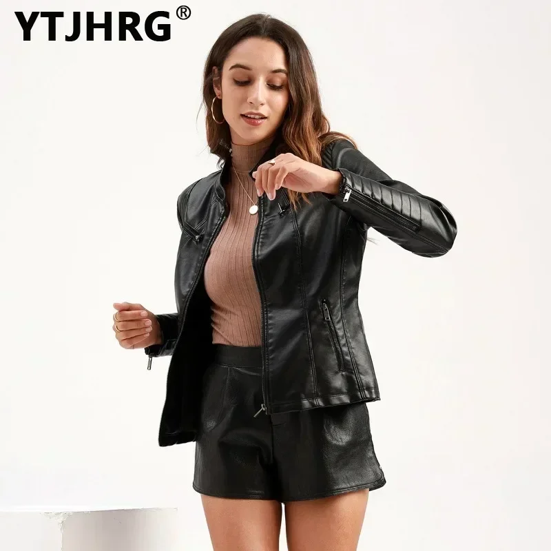 YTJHRG-abrigos de cuero sintético para mujer, chaquetas de motociclista a la moda, Tops con bolsillo, otoño e invierno, novedad de 2024