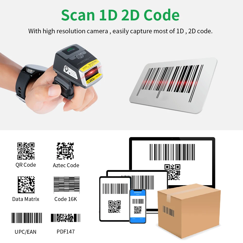EF02 Wearable Mini Ring Barcode Scanner 1D/2D BT Hands-Free for PDA Smartphone Tablets Rugged Computers Zebra SE4107 Engine