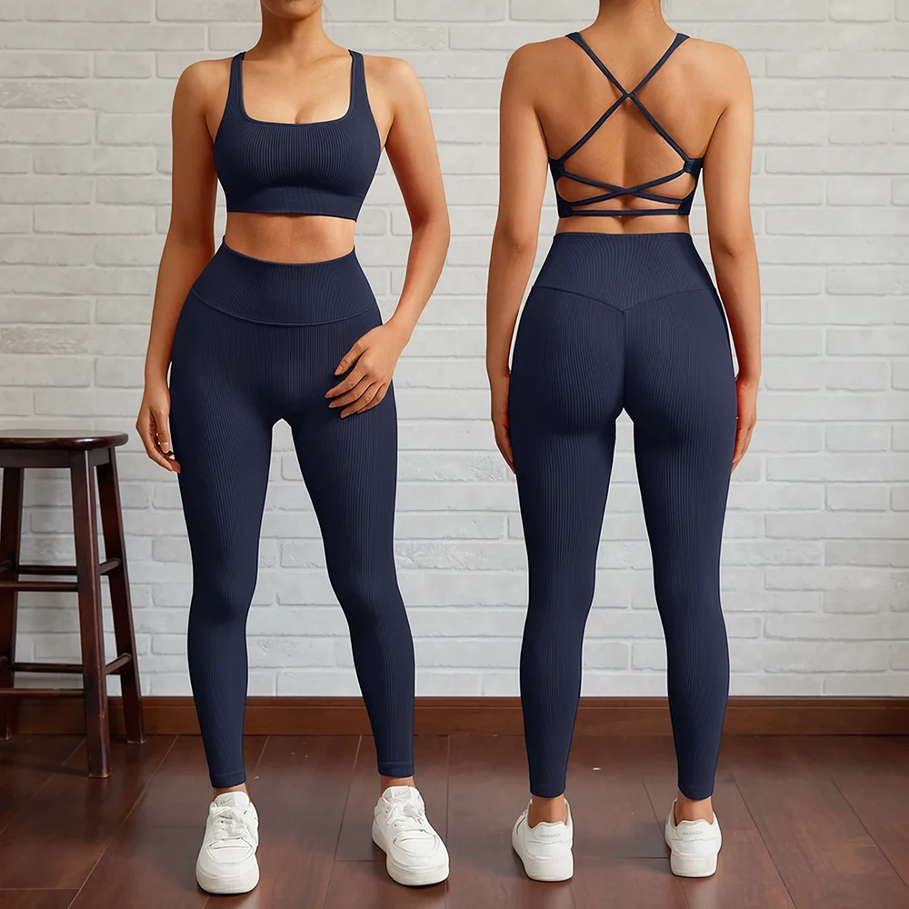 Women Summer 2Pcs Sports Sets Female Gym Crop Bra and High Waist Soprts Pants Two-Piece Yoga Set Sportswear Activewear Women