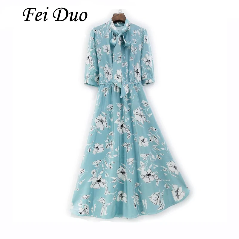 

Design Sense Fresh Blue Printed 100% Natural Mulberry Silk Crepe De Chine Half Sleeve Mid Length Float Waist Swing Dress