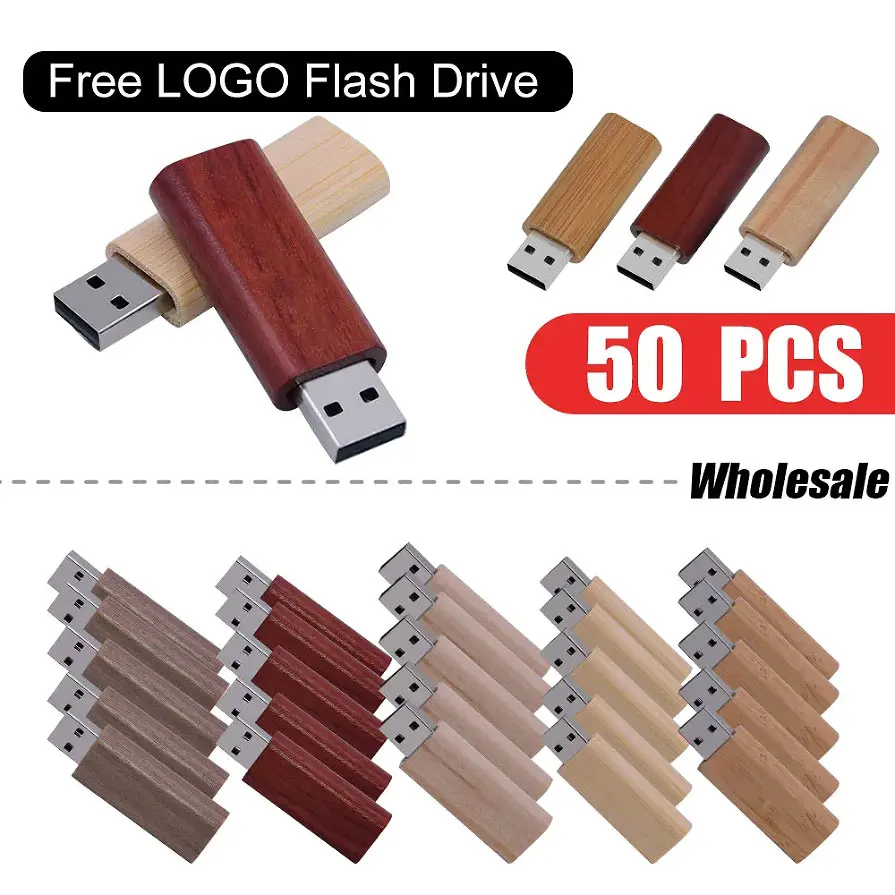 

50PCS LOT Wooden USB Flash Drive 128GB Free Custom Logo Memory Stick 64GB Creative Gift Box Pendrive 32GB Real Capacity U Disk