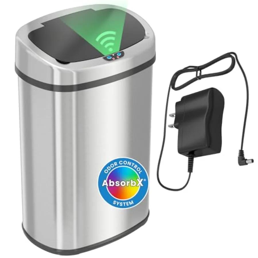 

13 Gallon Oval Sensor Trash Can with AC Adapter and Odor Filter Automatic Motion Sensor Kitchen Bin Soft-Close Stainless Steel