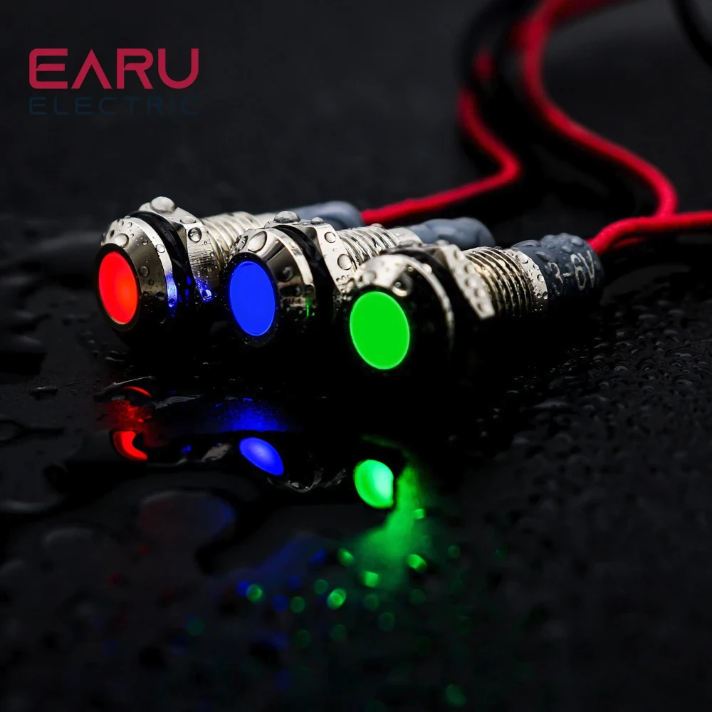 6mm 8mm 10mm 12mm 14mm Waterproof IP67 Metal LED Warning Indicator Light Signal Lamp Pilot Wire 3V 5V 12V 24V 110V 220V Red Blue