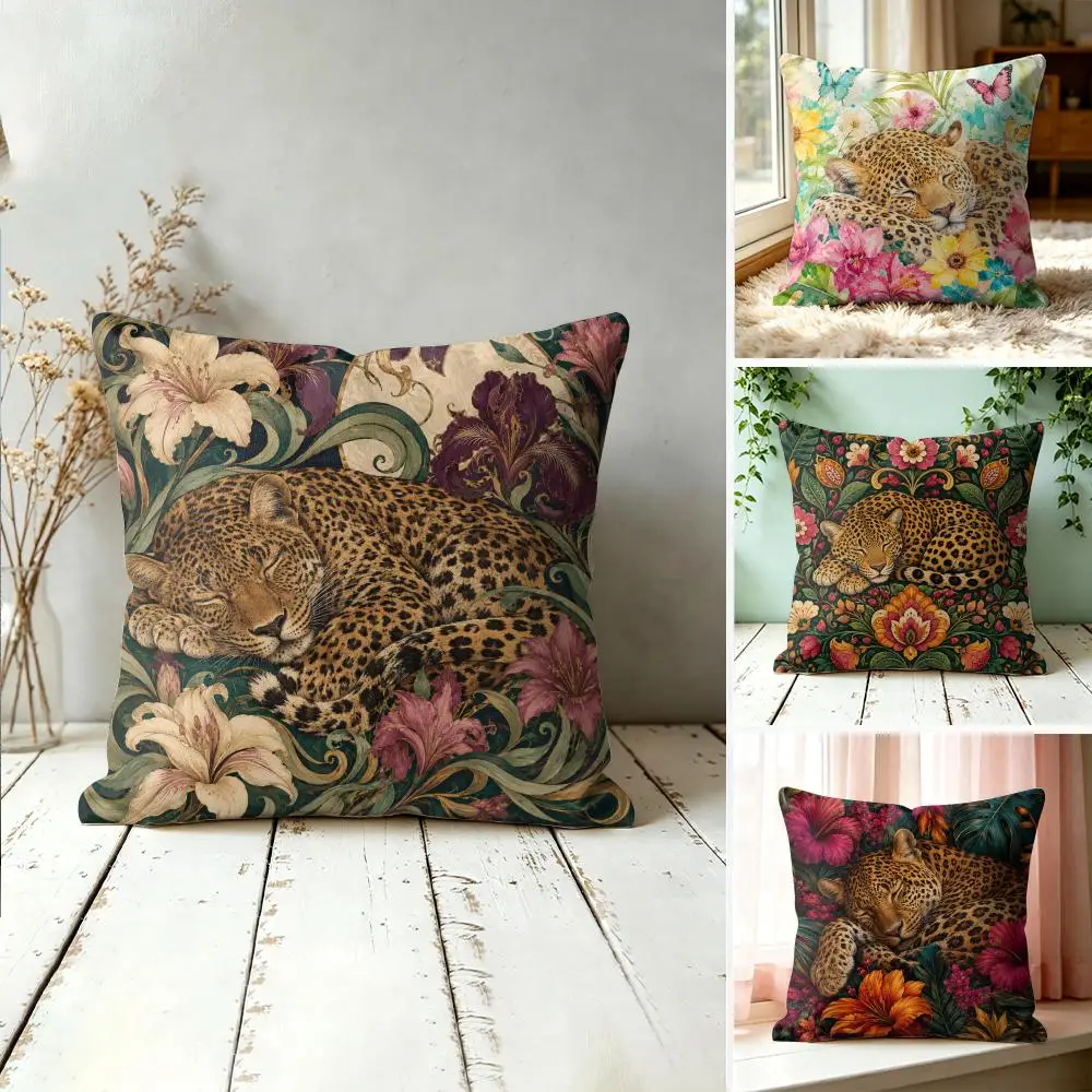 Sleeping Leopard Colorful Jungle Cushion Cover Double-Sided Plush Sofa Cushion Covers Organic Breathable Invisible Zipper