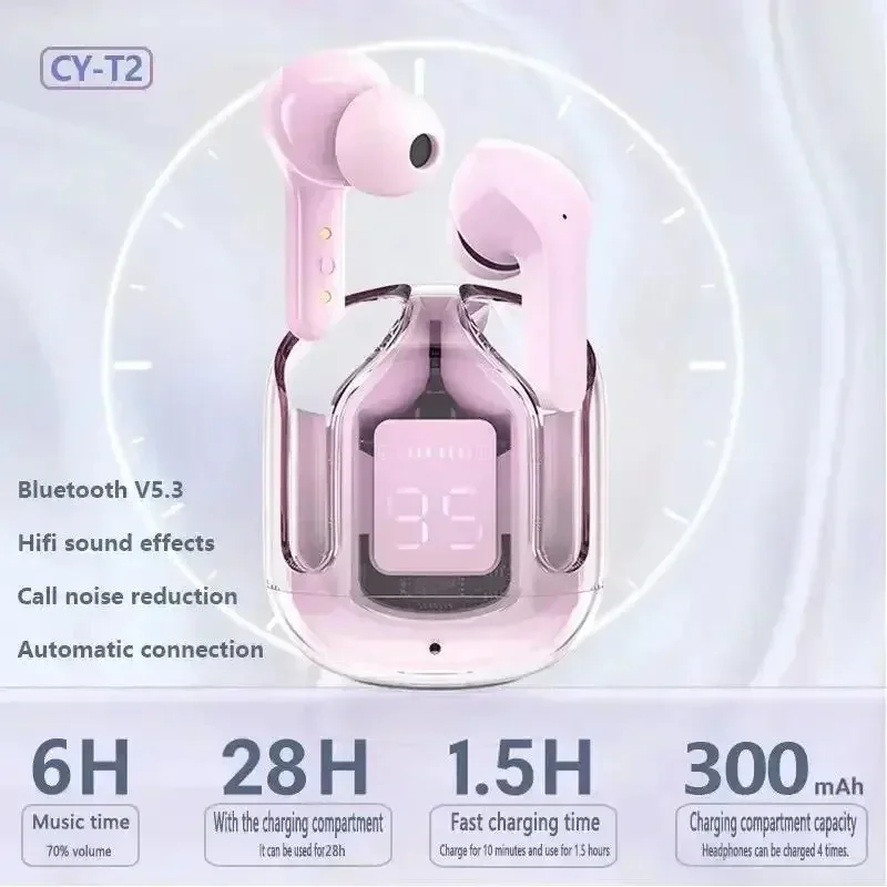 T2 หูฟังสําหรับเล่นเกม TWS Bluetooth 5.3 ลดเสียงรบกวน HD หูฟังไร้สายสเตอริโอไฮไฟสเตอริโอพร้อมเชือกเส้นเล็กเคส