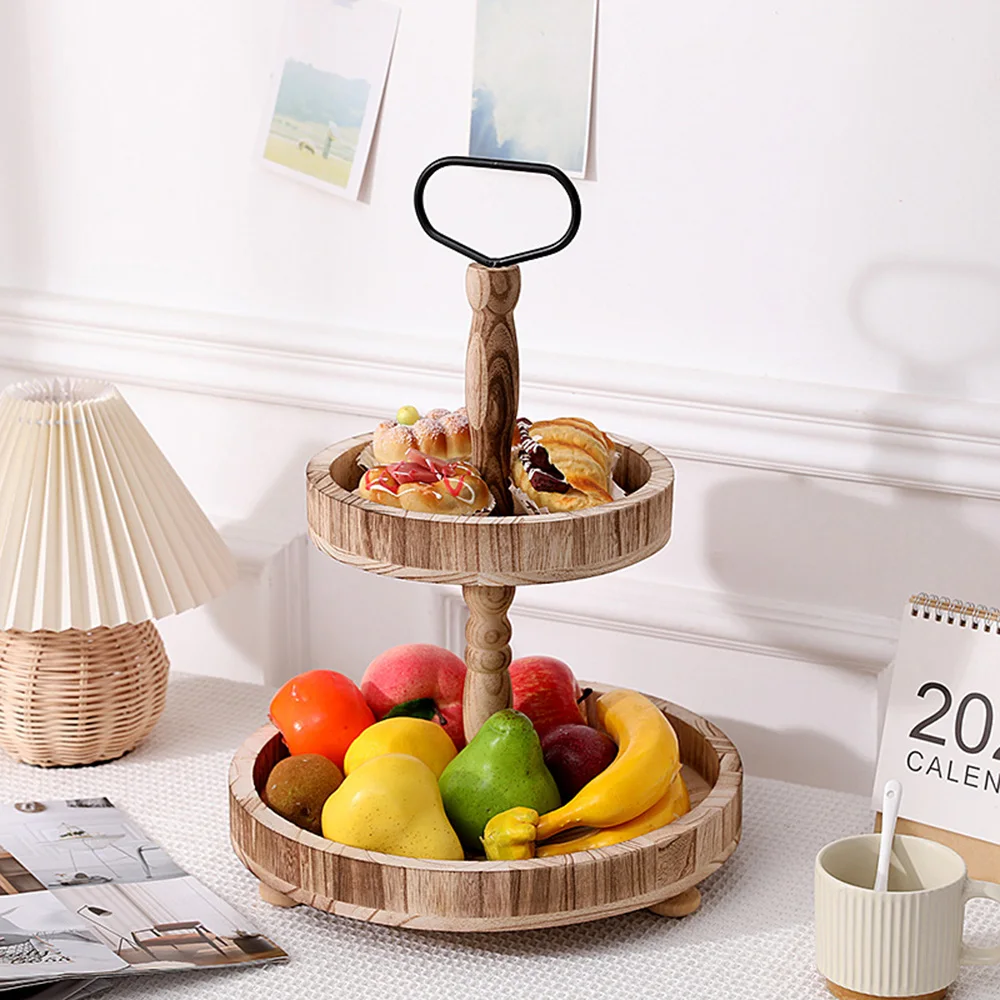 Round 2 Tier Wooden Cake Stand Cupcake Serving Tray Display Rack Wedding Party Cafe Double Layer Self-help Dessert Stand