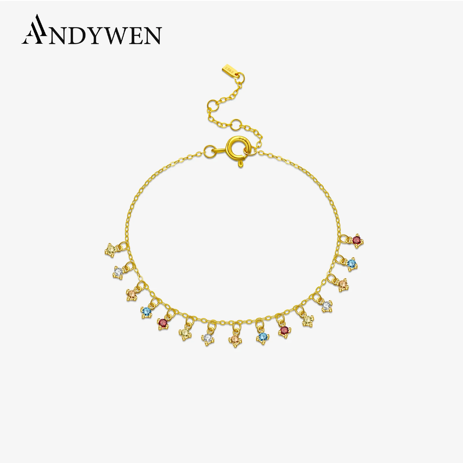 

ANDYWEN 2021 New 925 Sterling Silver Gold Colorful Sage Five Zircon CZ Charm Bracelet Chain Luxury Fine Jewelry Wedding Crystal