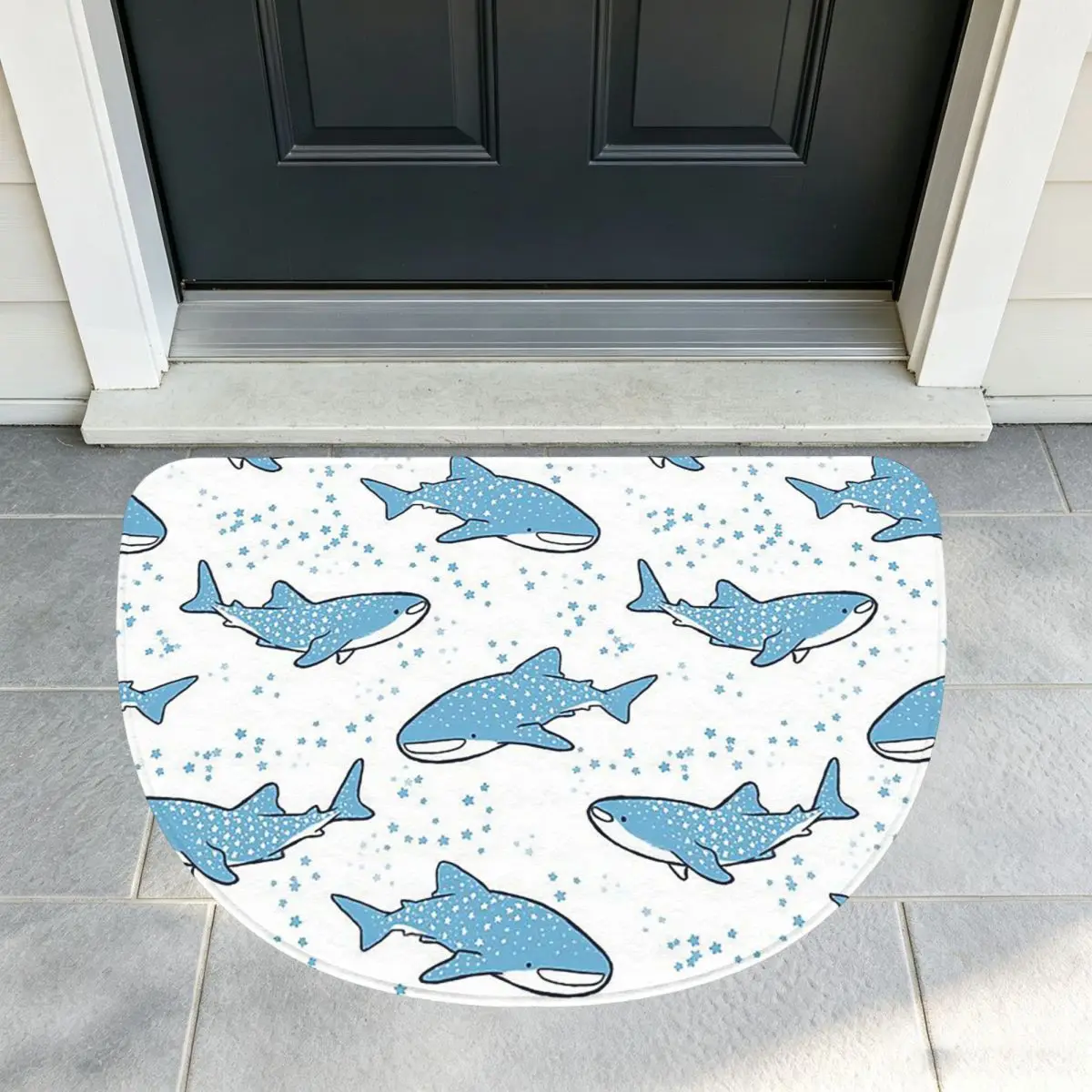 Starry Whale Sharks Soft Flannel Half Round Doormat Non Slip Bathroom Mat Absorbent Floor Carpet for Living Room
