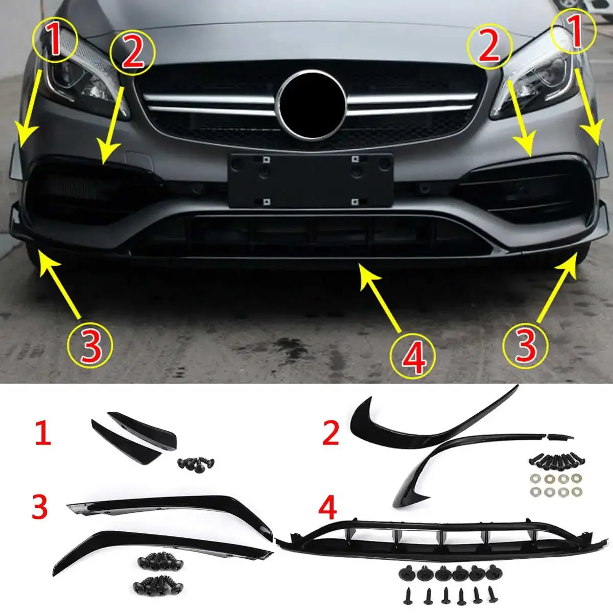 

W176 7PCS Front Bumper Side Canards Splitter For Mercedes for Benz A-Class A180 A200 A220 A250 for AMG A45 2016-18 Body Kit