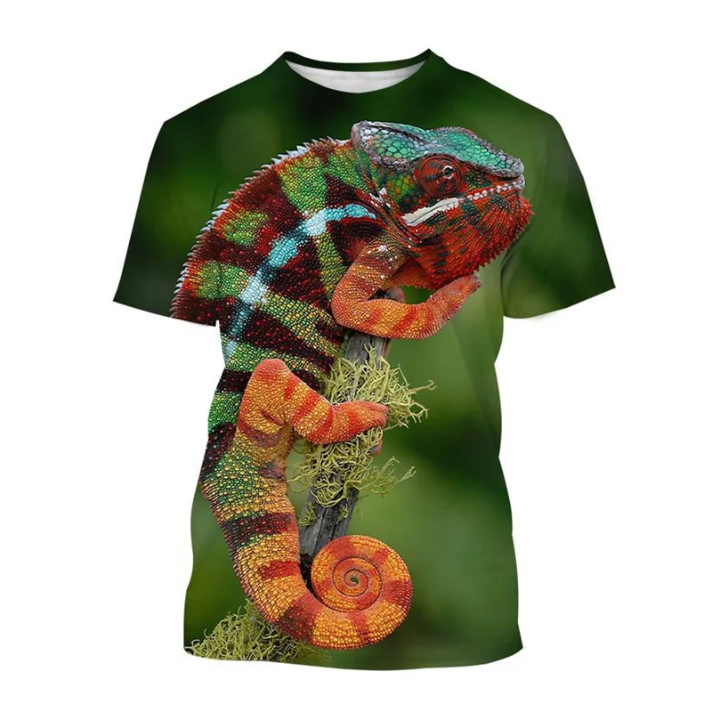 Animal Chameleon 3D Print T-shirt Men Reptile Iguana Round Neck Short-sleeved Lizard Pattern Tees Fashion Casual Tops T Shirts