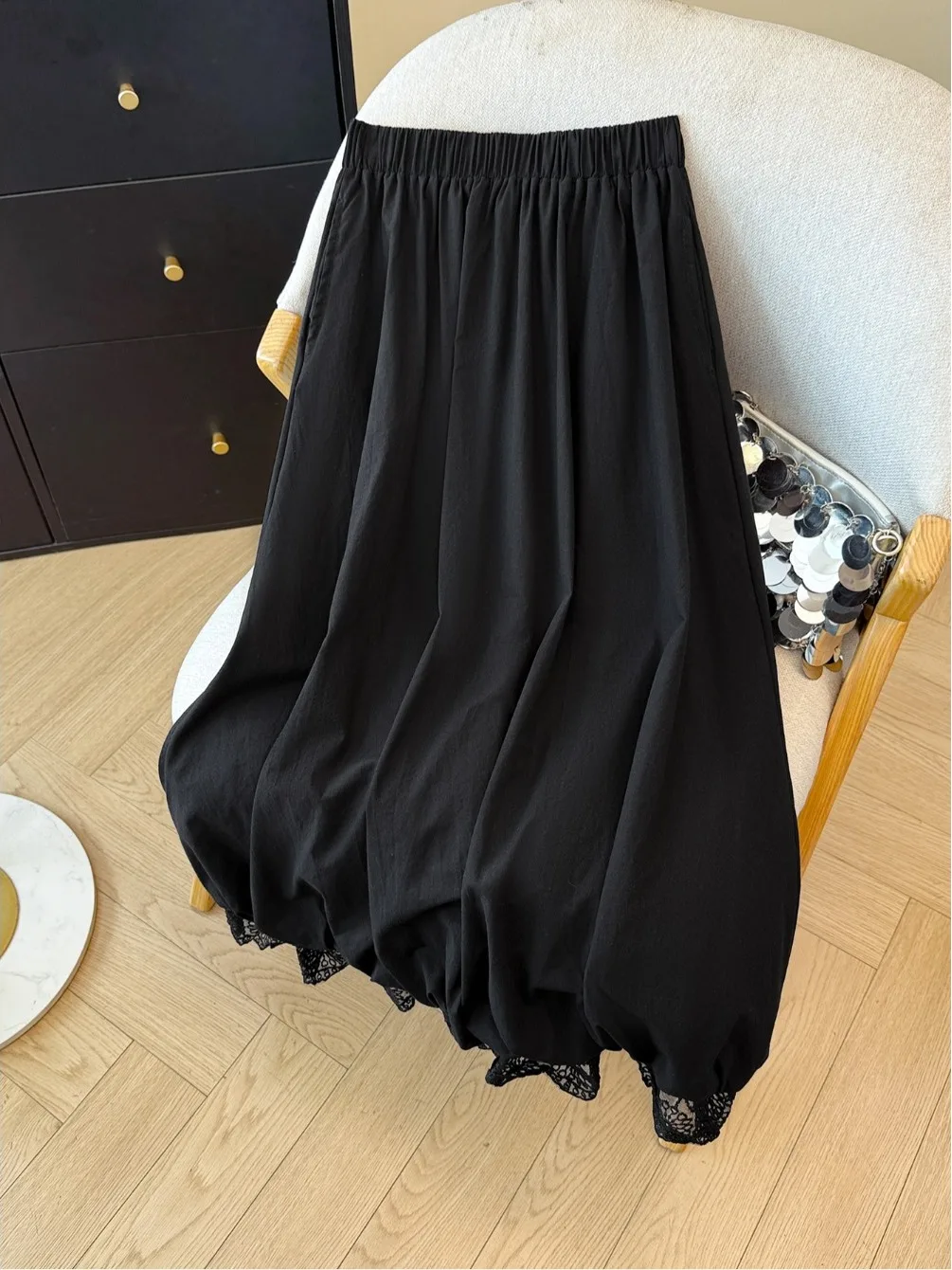 Spring Summer Lace Patchwork Long Waist Elastic A-Line Skirt Slimming Flower Bud Skirt Large Size Women's Clothing