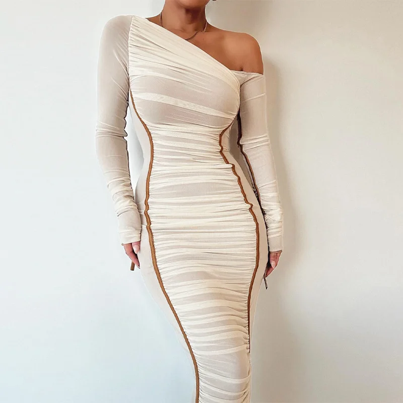 Elegante gola diagonal midi vestido para as mulheres novo duas camadas de malha sem costas ruched manga longa bodycon clube festa sexy vestidos longos