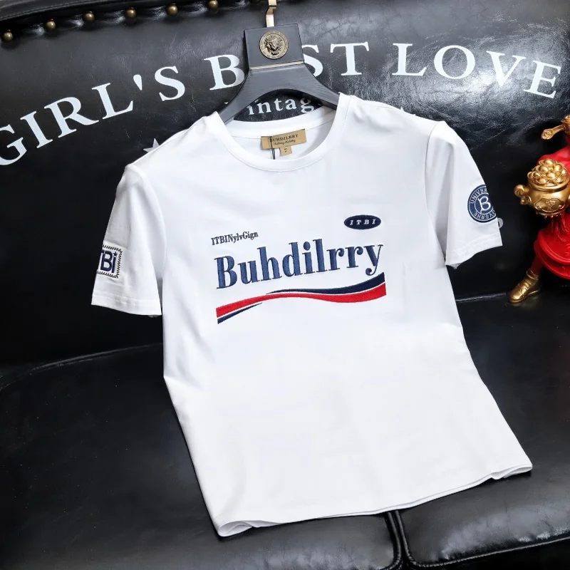 

Мужская футболка из шелкового хлопка с вышитыми буквами, повседневная, трендовая, современная, круглой формы, для молодежи...