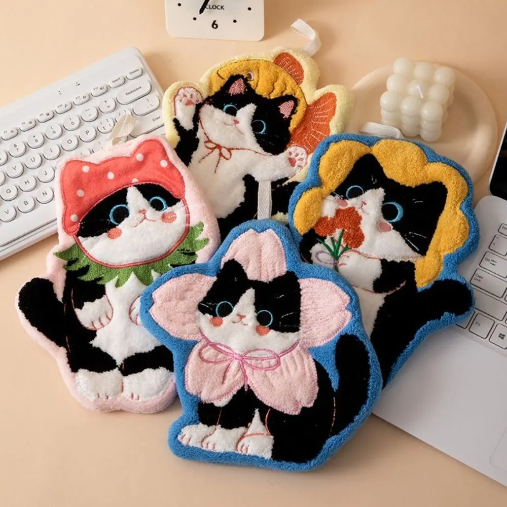 Durable Cute Cat Hand Towel Coral Fleece Strong Water Absorption Toilet Handkerchief Thickened Hanging Style Washcloth Kitchen