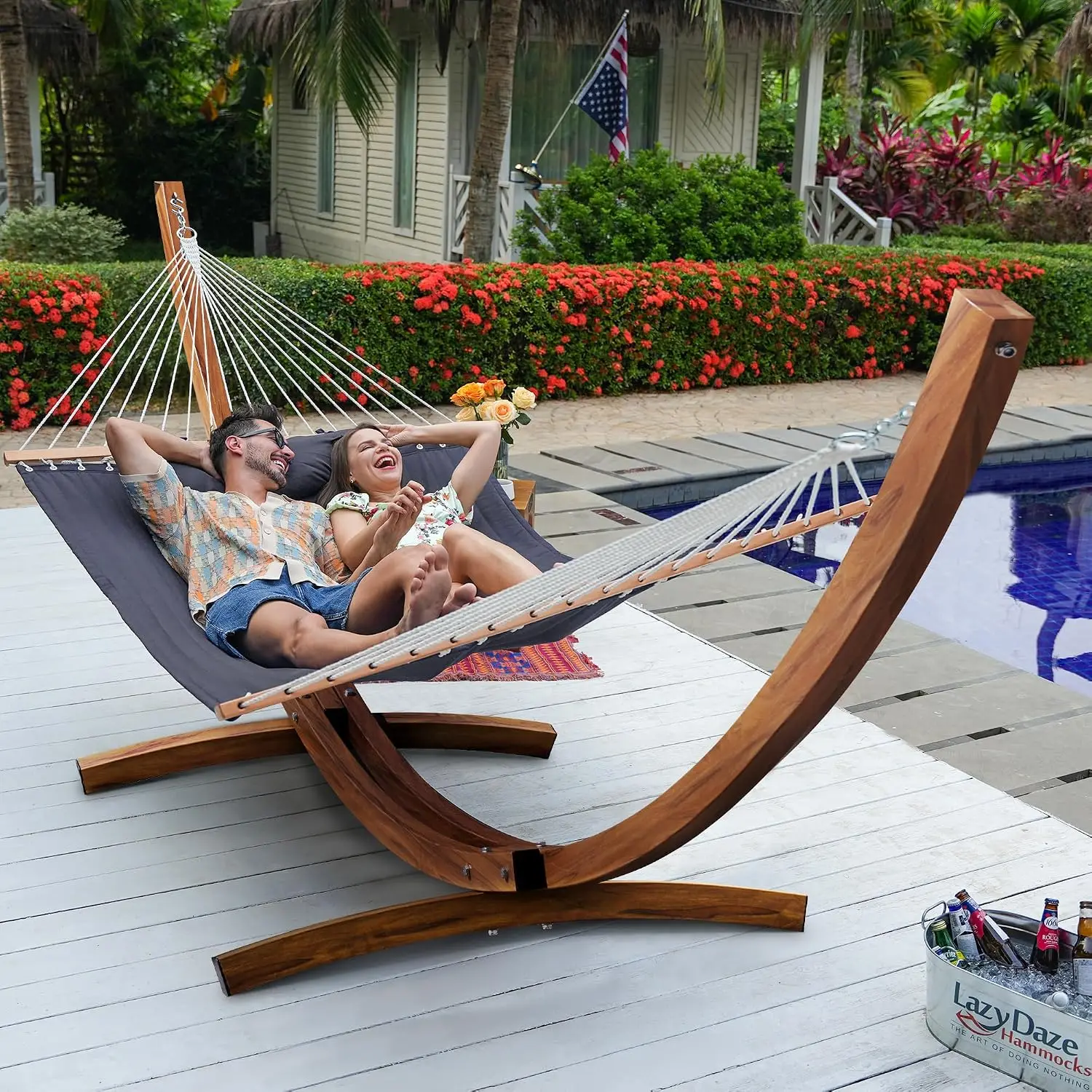 Double Quilted Hammock with 13ft Curved Steel Wood Grain Stand, Customized