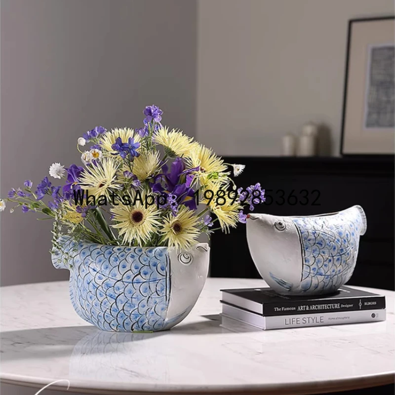 

Handmade Ceramic Vase Fish Goldfish Hand-painted Earthenware Pot Flower Pot Living Room Vases Flowerpot Home Decoration