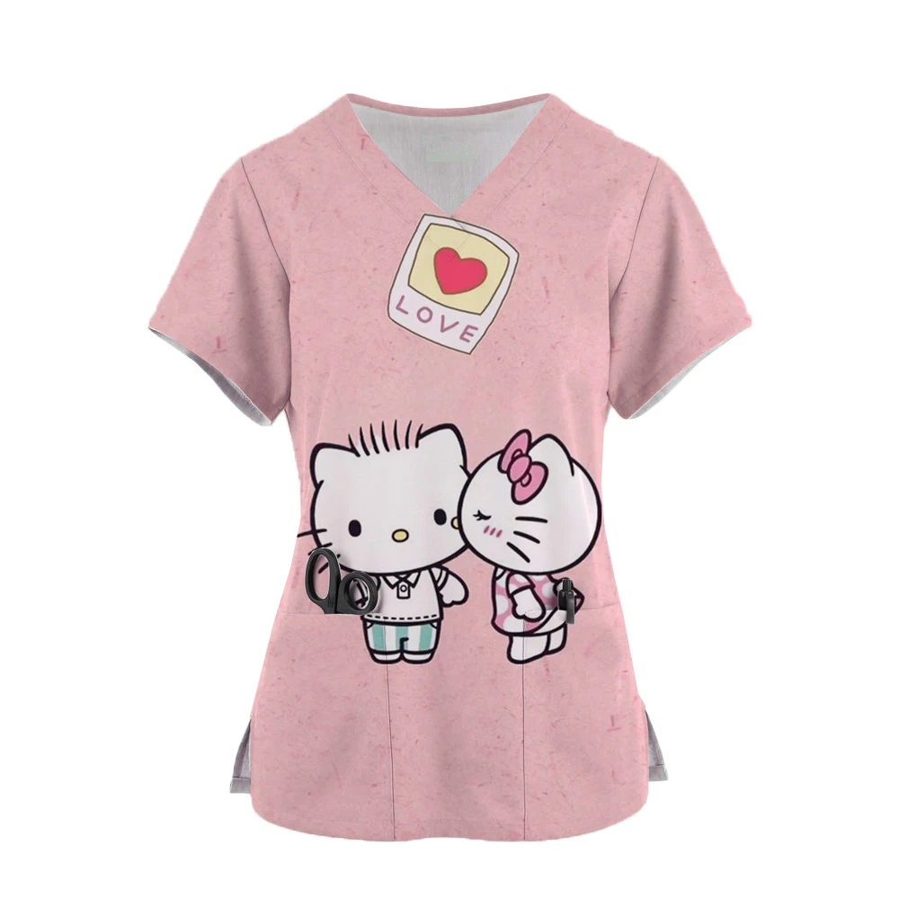 

Women Short Sleeve Scrub Tops Hello Kitty Print Nurse Uniform V-Neck Pocket Care Workers T-Shirt Tops Clinic Working Clothing