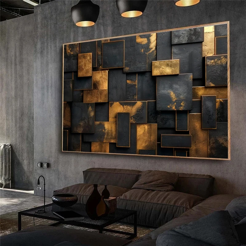 Luxury Abstract Geometric Canvas Wall Art Square Rectangle Decor Black and Gold Painting Print Interior Decor Cuadros