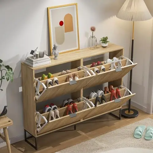 خزانة أحذية خشبية رفيعة وحديثة مع 4 أدراج - تخزين مدخل قائم بذاته