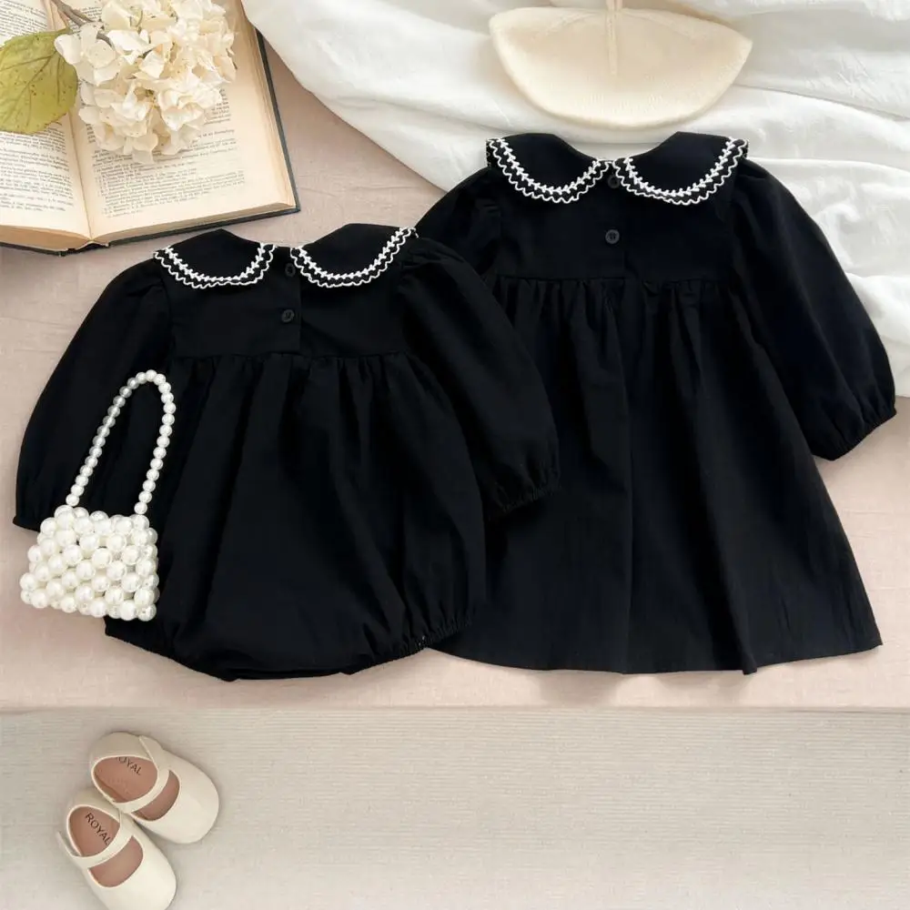 2024 Sister Clothes Spring New Korean Baby Girl\'s Dresses One Piece Clothes Black Baby Newborns Rompers Long-Sleeved Jumpsuits