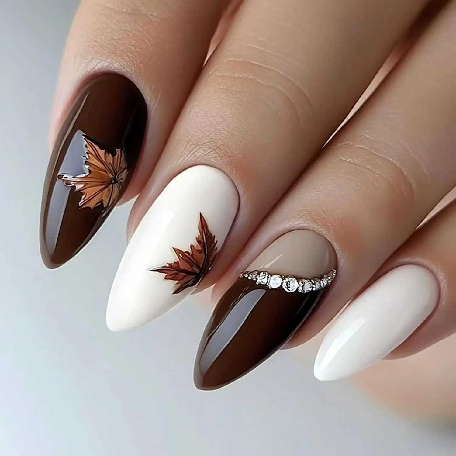 Fall Press on Nails Medium Almond Fake Nails with Rhinestones Design Autumn Maple Leaf False Nail White Brown Full Cover Tips