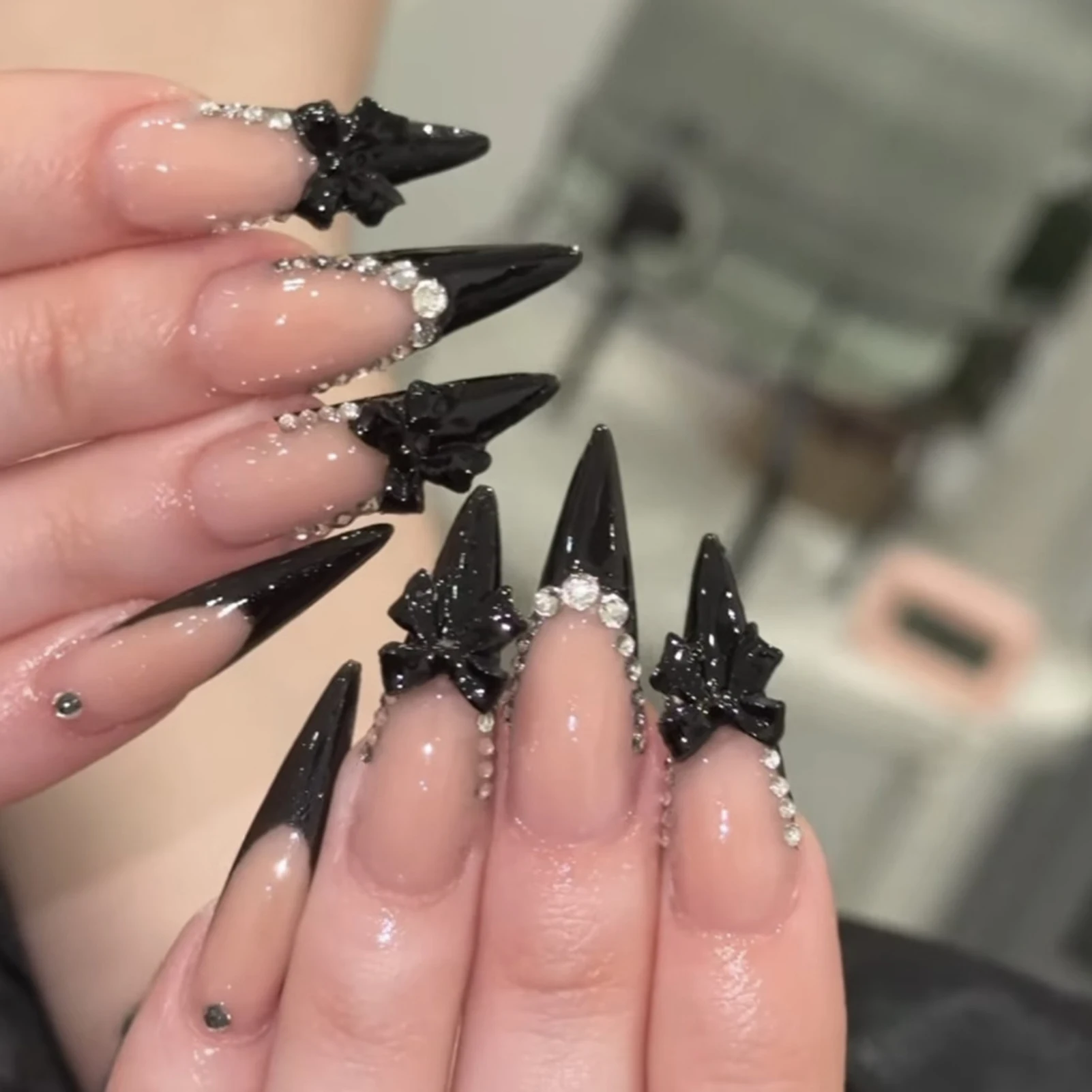 24pcs Black Stiletto Press on Nails 3D Butterfly Rhinestones Fake Nails DIY French Style False Nails with Rhinestone