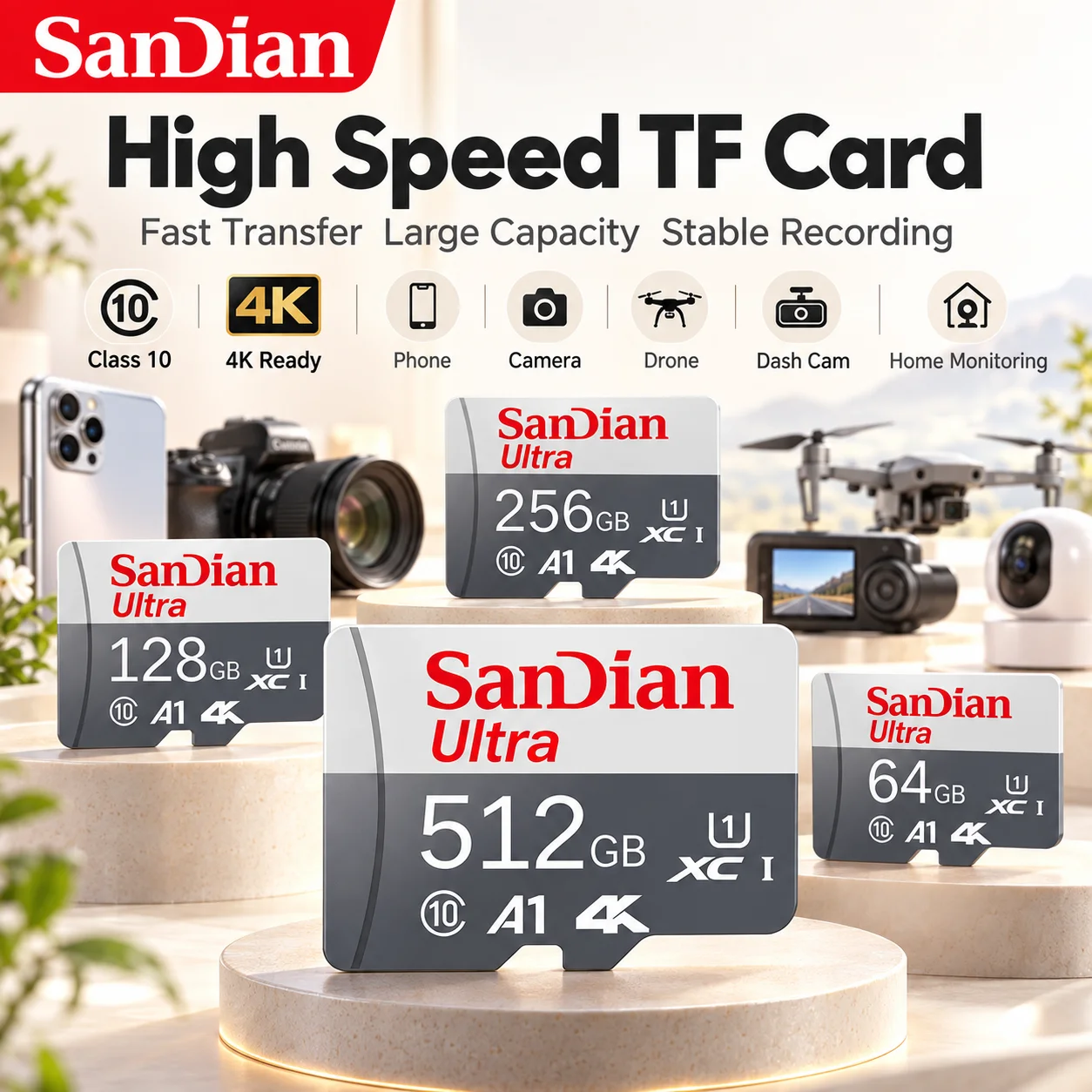 Memory Card and Micro TF SD Card SD Card TF Card Ultra High Speed Essential 64GB/256GB/512GB for MP3 Player Shock Switch Camera