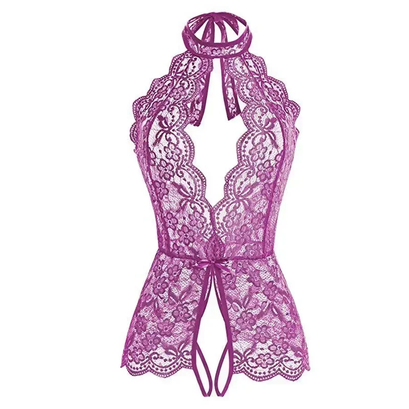 セクシーな女性用レースホルターロンパース、ホルターストラップノースリーブパジャマ、様々な色が選べる、コルセット風レディースボディスーツ