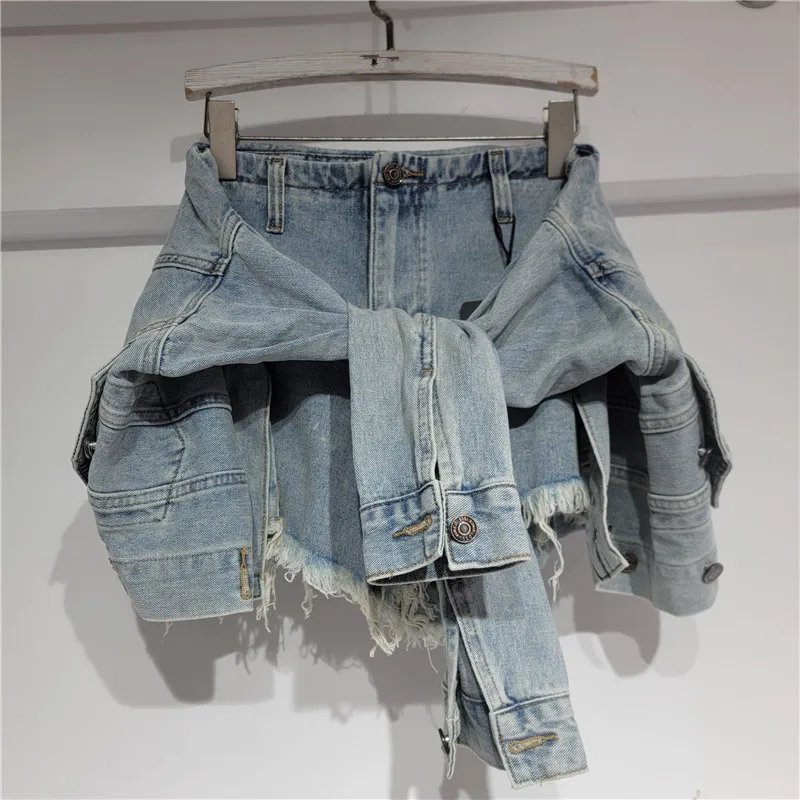 Denim Shorts Women Jeans Vintage Washed A Line Slim Fit Low Waist Straight Trousers Lace Up Y2k Streetwear Splice Casual Beach - view 3