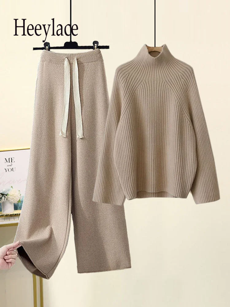 Winter Warm Knitwears For Women Turtleneck Long Sleeve Pullover Sweater+High Waist Wide Leg Drawstring Knitted Pants Sets