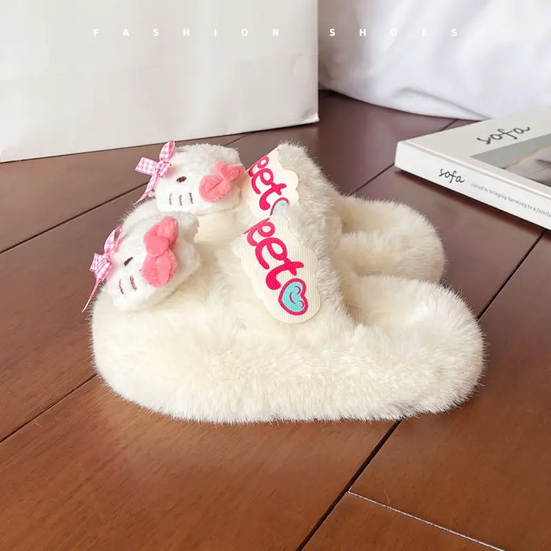 

Cartoon Cute HelloKitty Girl Fur Slippers Autumn and Winter New Comfortable and Warm Plush Children's Cotton Slippers for Girls