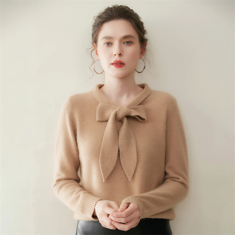 

Женский осенне-зимний свитер из 100% кашемира, пуловер с воротником-лентой и бантом, офисный женский кашемировый трикотаж, мягкая популярная одежда, топы