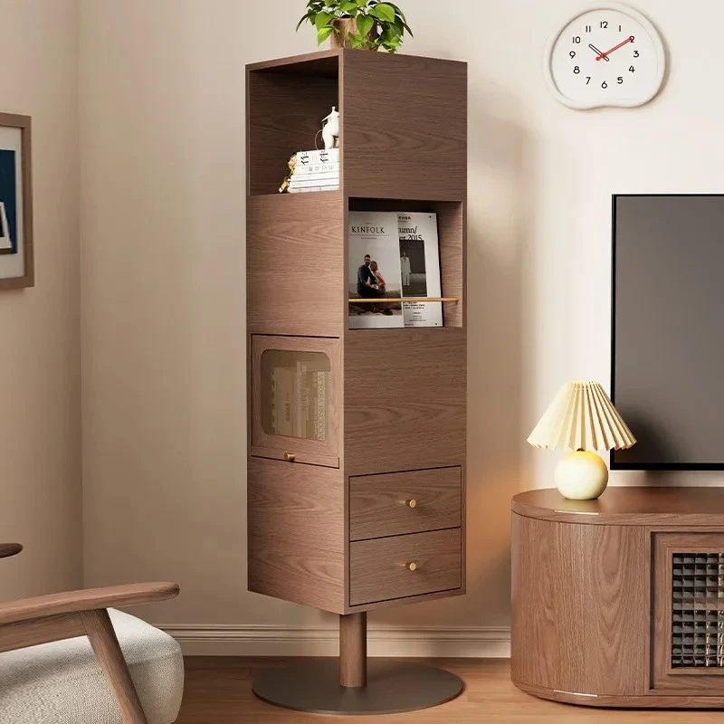 Solid wood rotating bookshelf 360 degree bookcase Internet celebrity living room movable floor shelf