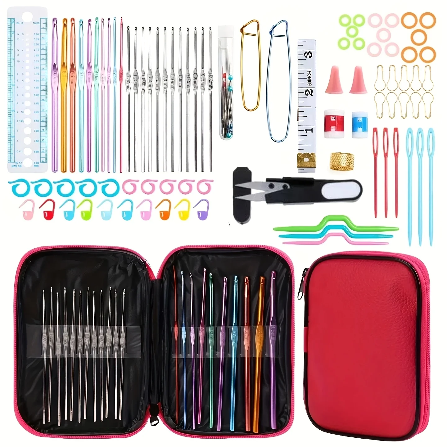 

Набор из 88 крючков для вязания с эргономичными мягкими ручками, портативный чехол, набор для вязания с ножницами, линейкой и аксессуарами для рукоделия