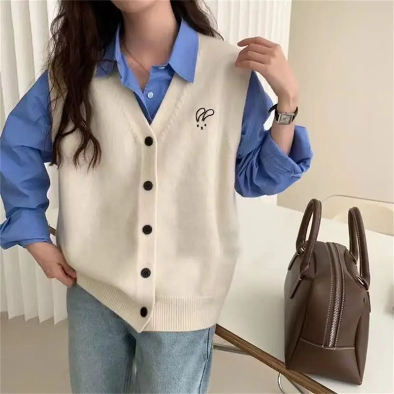 Cartoon Embroidery Bunny V-neck Single Breasted Camisole Knitted Cardigan Women's College Style Layered Vest Jacket