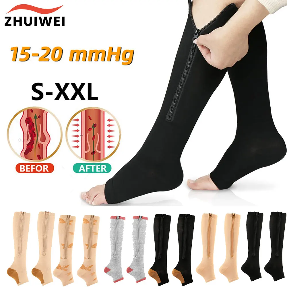 1 Pair Zipper Compression Socks 15-20 mmHg Knee High Support Stockings Women Men Cycling Running Copper Toe Open Long Socks