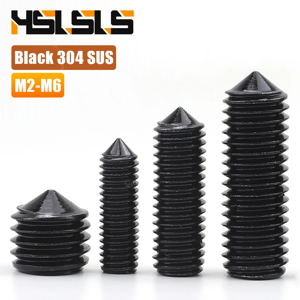 Black 304 Stainless Steel Hexagon Socket Set Screws with Cone Point M2 M3 M4 M5 M6 Allen Cone Tip Grub Set Screw Bolt DIN914