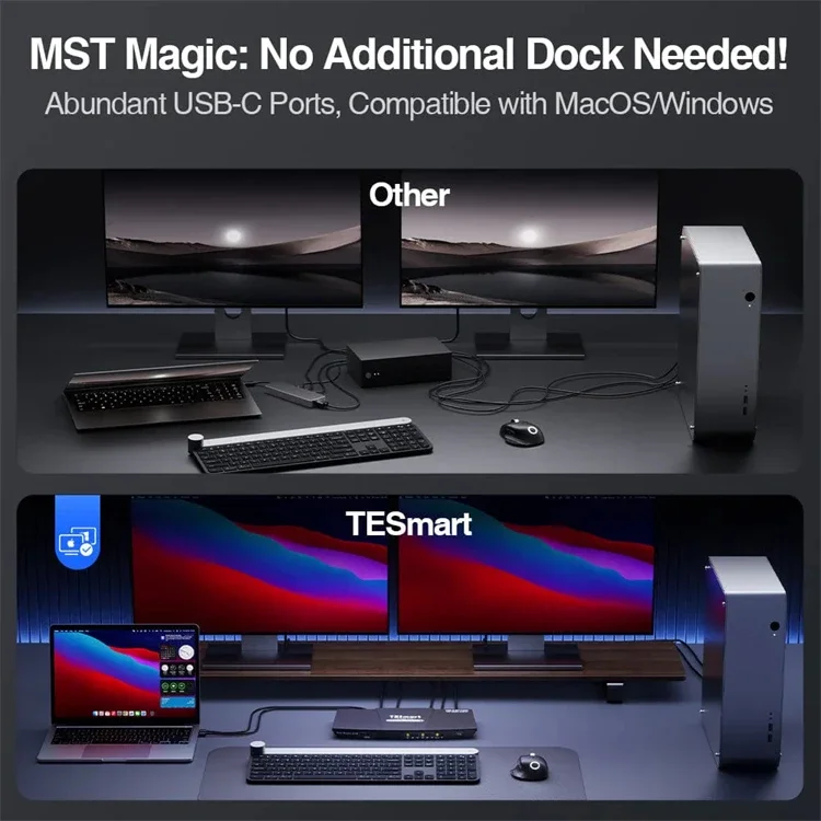 TESmart Dual 4K60Hz Hybrid KVM Docking Station Kit USB-C DP for HDMI MST & EDID Video Switch for 1 Laptop & 1 Desktop in Stock