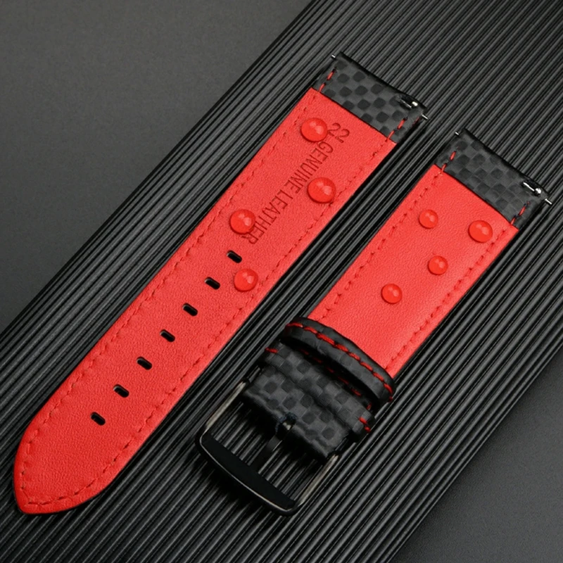 20mm 21mm 22mm 23mm Carbon Fiber Leather Mens black Orange White Red Line Stitching Watchband For Universal Brand Watch Strap