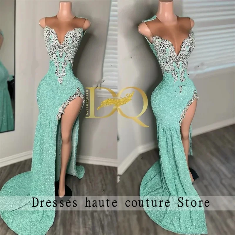 

Mint Green O Neck Long Prom Dresses For Black Girls Diamond Appliques Birthday Dress Gowns Sequined High Slit Homecoming Robe De