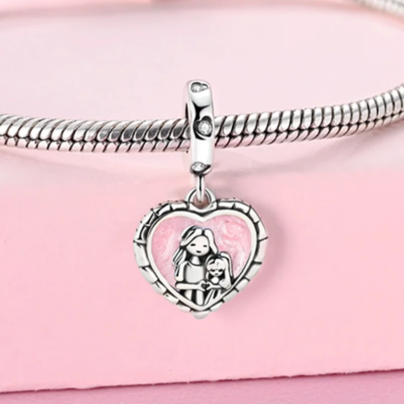 Original Charms 925 Silver Family Friendship Pink Heart-shaped Beads Parent-child Photo Pendant Fit Bracelet Jewelry Fine Gift