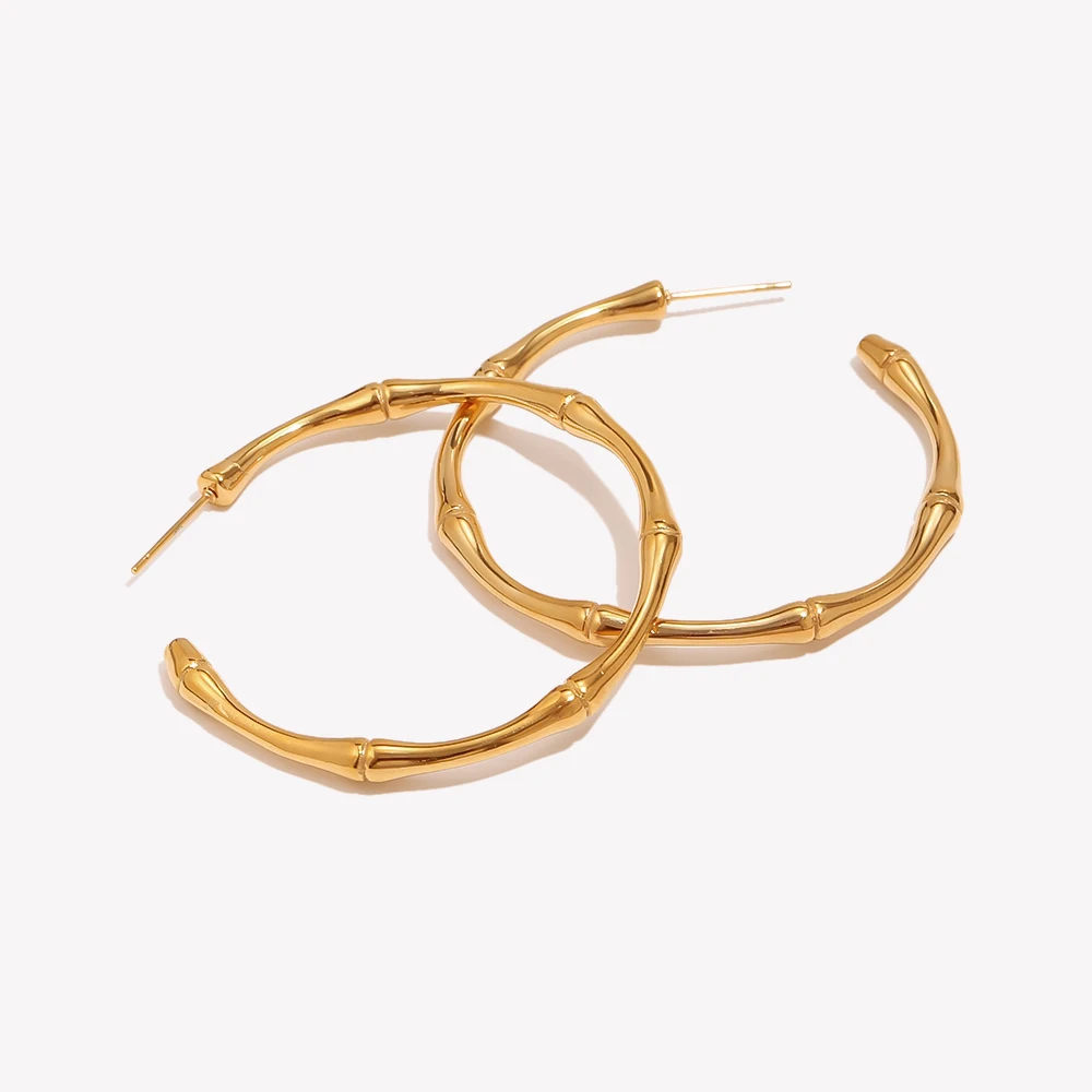 E.B.belle Minimalist Basic Thin Bamboo Large Gold Hoop Earrings For Women Stainless Steel Gold Plated Waterproof Female Big Hoop