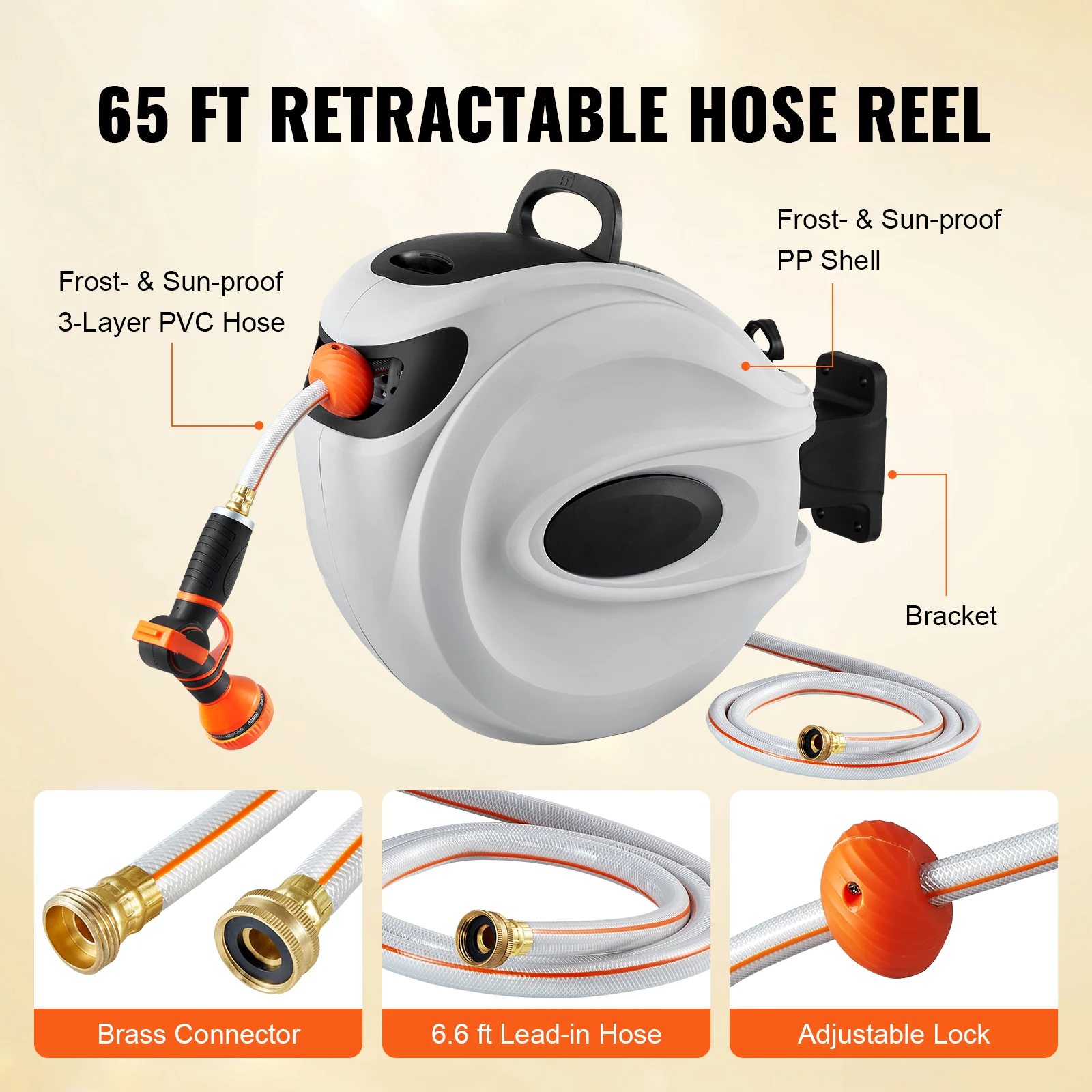 Factory Direct 2026 180° Swivel Bracket Wall-Mounted Garden Water Hose Reel with 9-Pattern Nozzle Automatic Rewind