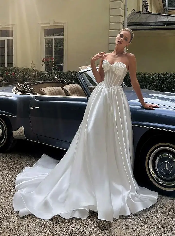 

Strapless Satin Prom Dress Ruffle Ball Gown Elegant A Line Wedding Dresses