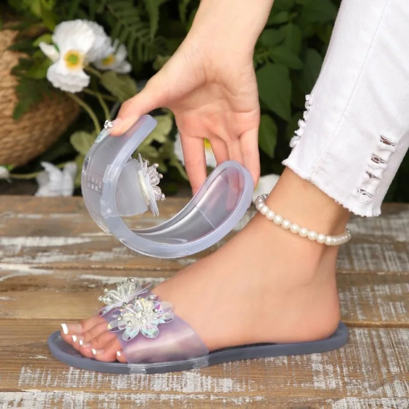 

New Sandals Women Summer Sweet Flowers Transparent Open Toe Sandals Fishmouth Red Sandals Flattie Slippers Fashion Plus Size 42