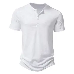 New Summer T Shirt Men Fashion Henley Collar White Tshirt Mens Short Sleeve Casual Slim Tops Tees Solid Color T-shirt for Man