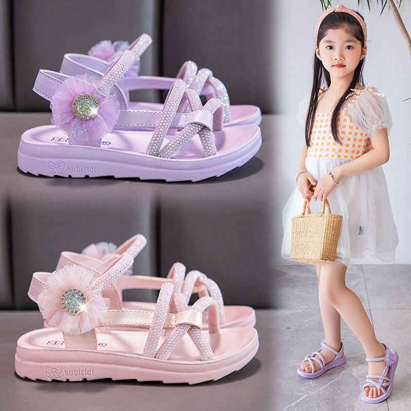 Children's Princess Shoes Baby Girls Bling Rhinestone Sandals Fashion Pearl Soft Bottom Kids Dance Party Sparkly Beach Sandals